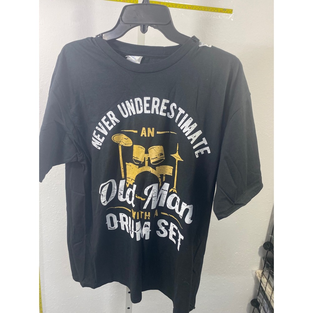 Old Man With A Drum Set Graphic Tee Black Cotton Short Sleeve Shirt Large
